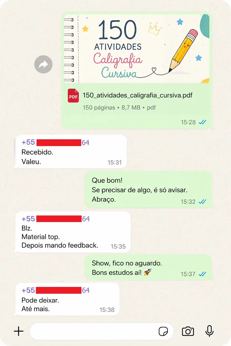 Conversación real que confirma la entrega y elogia el material