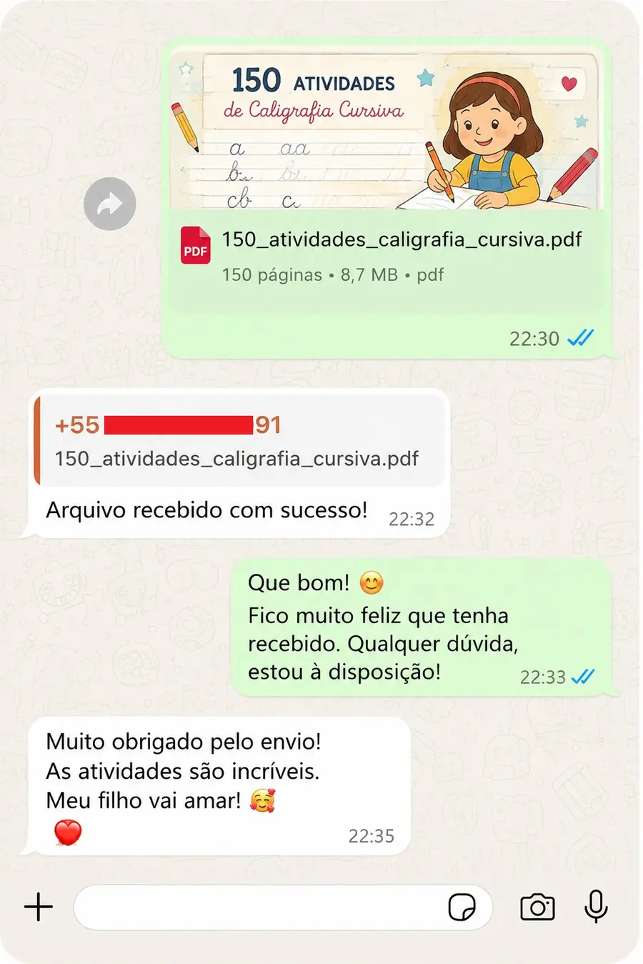 Conversación real que agradece la entrega y elogia las actividades